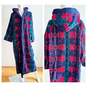 Vintage Stafford Thick Terrycloth Southwestern Print Hooded Robe M/L